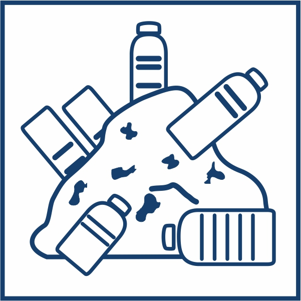 Piktogramm eines Müllhaufens mitleeren Flaschen