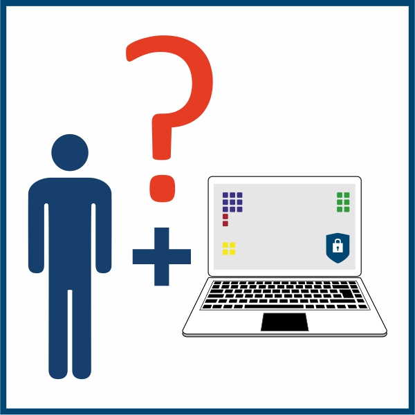 Piktogramm eines Mannes und eines Comuters, darüber ein Fragezeichen