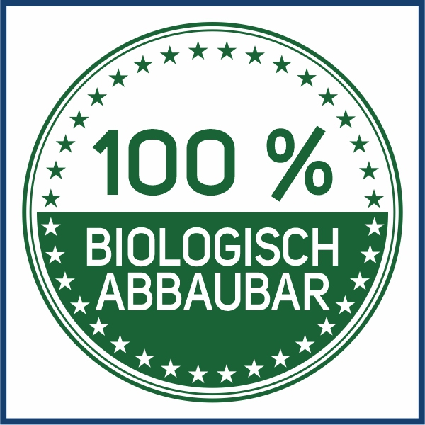 Piktogramm eines Siegels mit dem Text "100% Biologisch abbaubar"