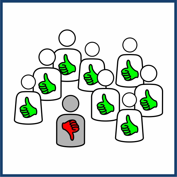 Piktogramm einer Personengruppe - alle bis auf einen mit Symbol "Daumen hoch", einer mit "Daumen runter"