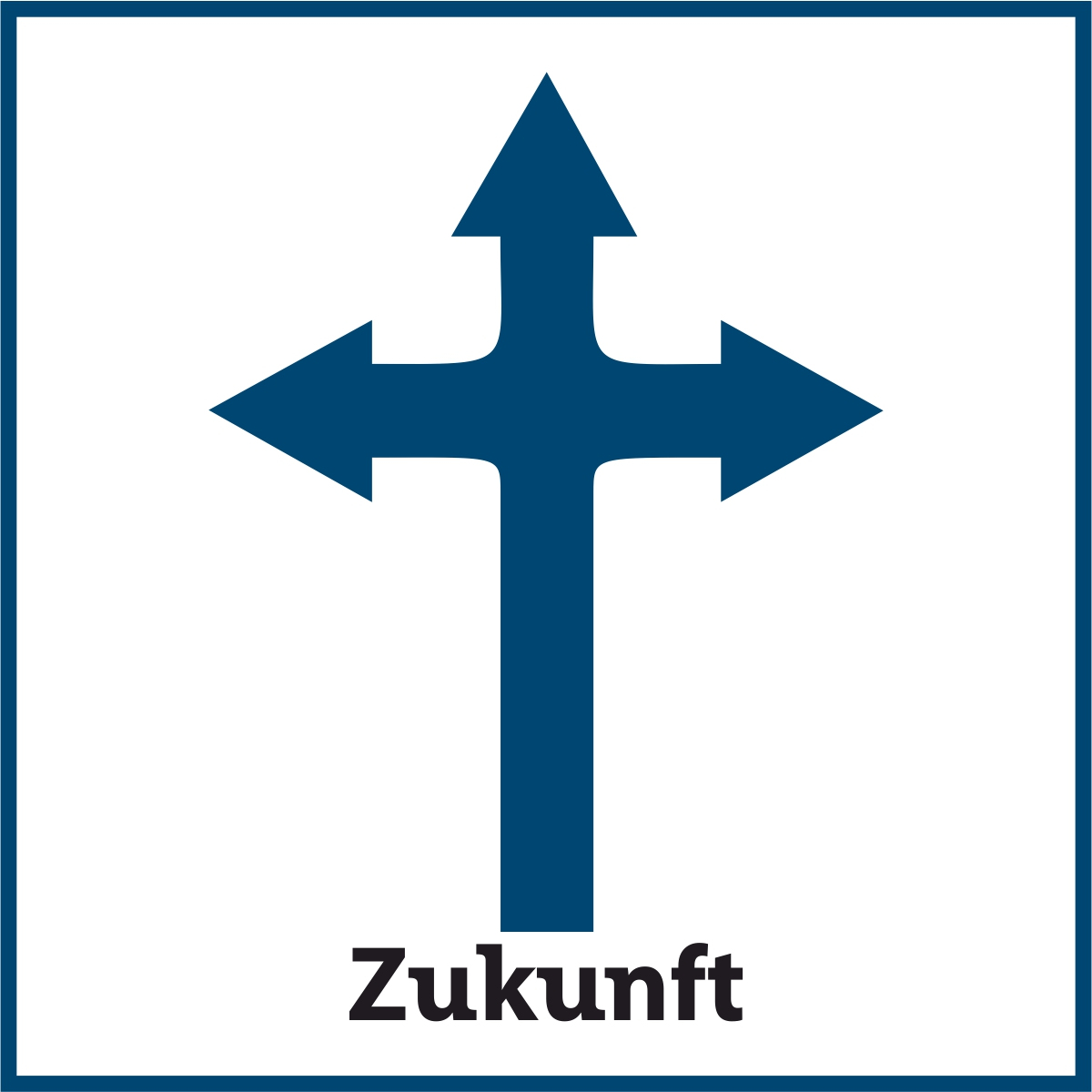 Piktogramm eines Pfeils nach oben, mit Abzweigungen nach links und rechts und dem Text "Zukunft" darunter