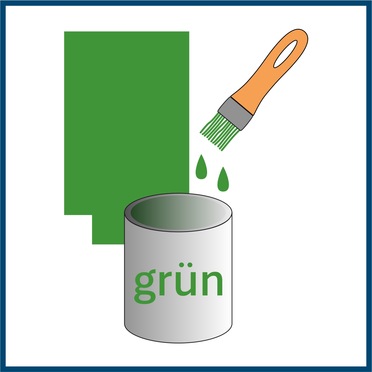 Piktogramm eines Farbtopfs mit grüner Farbe, dahinter ein Stück grün angestrichene Wand