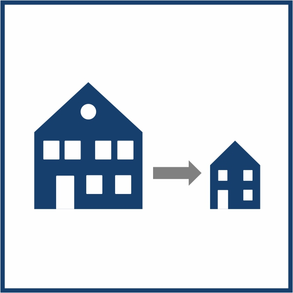 Piktogramm eines großen Hauses auf der linken Seite. Ein Pfeil zeigt nach rechts auf ein deutlich kleineres Haus.