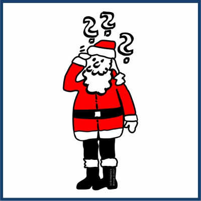 Pictograph of Santa Claus with question marks around his head