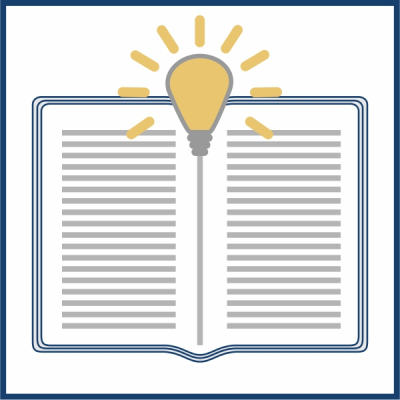 Piktogramm eines offenen Buches, davor eine golden leuchtende Glühbirne mit Lichtstrahlen