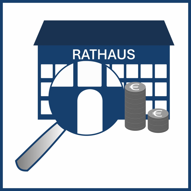 Piktogramm eines Rathauses, davor zwei Stapel mit Münzen, die das Budget darstellen sollen. Eine Lupe ist auf diese Szene gerichtet und zeigt vergrößert einen Teil des Rahauses.