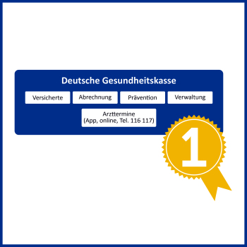 Schematische Beschreibung der Aufgaben der Deutschen Gesundheitskasse als Grafik. Um zu verdeutlichen, dass es nur noch EINE Krankenkasse gibt, ist ein goldenes Siegerzeichen mit einer "1" ergänzt.