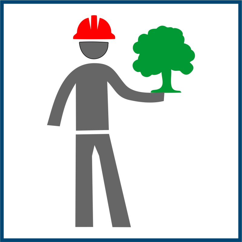 Piktogramm eines Bauarbeiters mit rotem Helm, in der Hand einen Bam.
