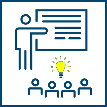 Piktogramm eines Dozenten an einerTafel vor Menschen mit Geistesblitz