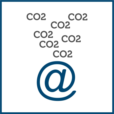 Piktogramm eines "@"-Zeichens; daraus strömt nach oben CO2
