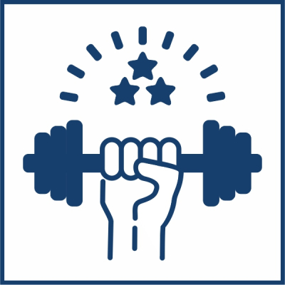 Piktogramm einer Hand mit einer Hantel.  Darum herum Symbole für Erfolg.