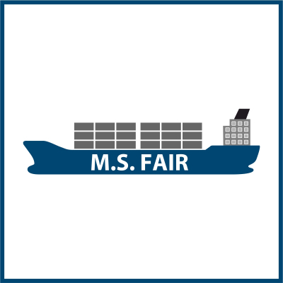 Piktogramm eines Containerschiffs mit dem Namen "M.S. Fair"